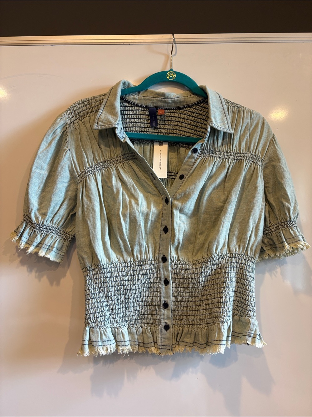 Anthropologie Sage Blue Green/Denim Style Smocked Button-Front Blouse
